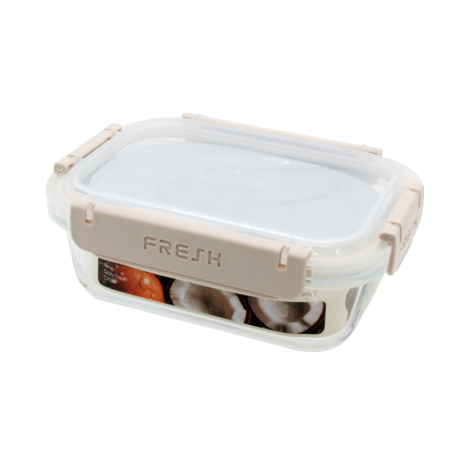 Flat lay of food storage containers on a beige background, including silicone pouches, glass jars, a sectioned lunch box, fabric bag, and a wooden spoon, with 'FOOD STORAGE' text at the bottom