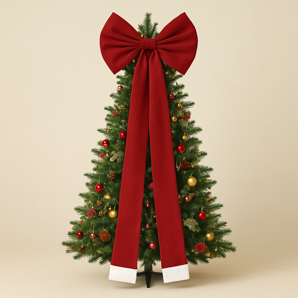 Full Christmas tree with a giant red bow on top, long tails reaching the base, decorated with red and gold ornaments on a cream background