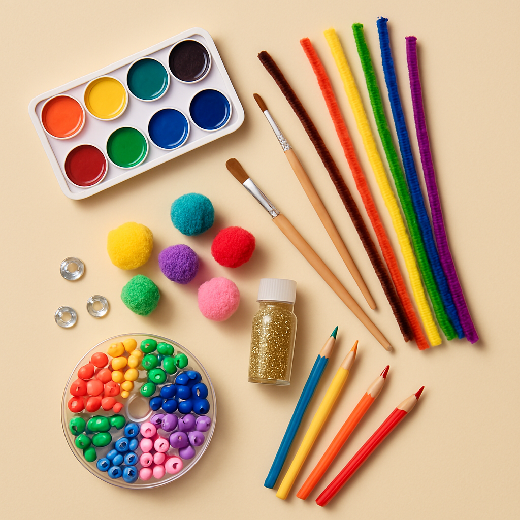 Paints, brushes, pipe cleaners, pom-poms, beads, glitter, and colored pencils on a beige background.