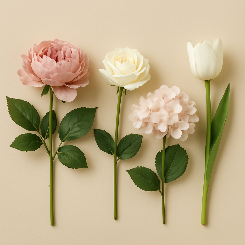 Artificial peony, rose, hydrangea, and tulip flowers with green leaves on a beige background.