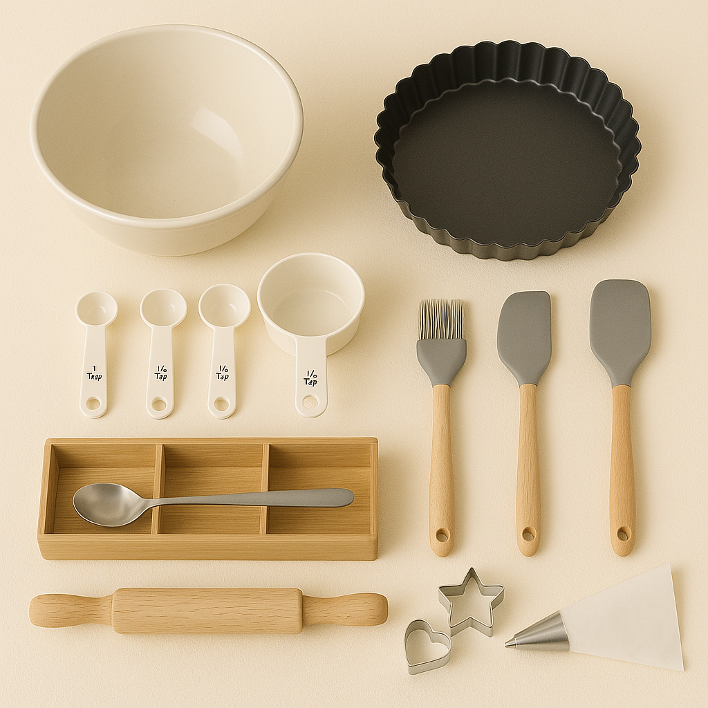 A set of baking tools on a creamy background, including a mixing bowl, tart pan, measuring spoons and cups, spatulas, pastry brush, rolling pin, piping bag, cookie cutters, and a wooden tray with a spoon.