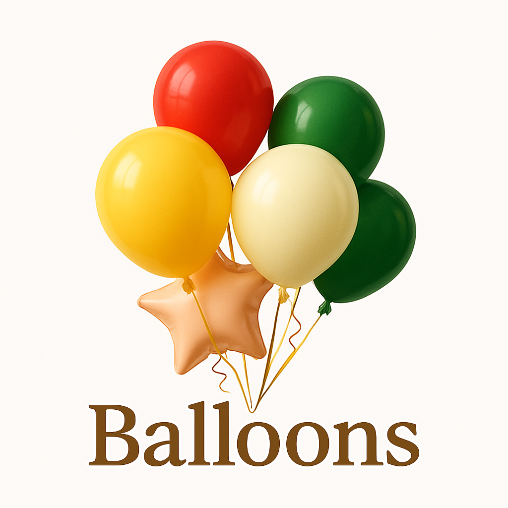 A bunch of colorful party balloons including yellow, red, green, and cream with a peach star balloon, floating above the word "Balloons" on a white background