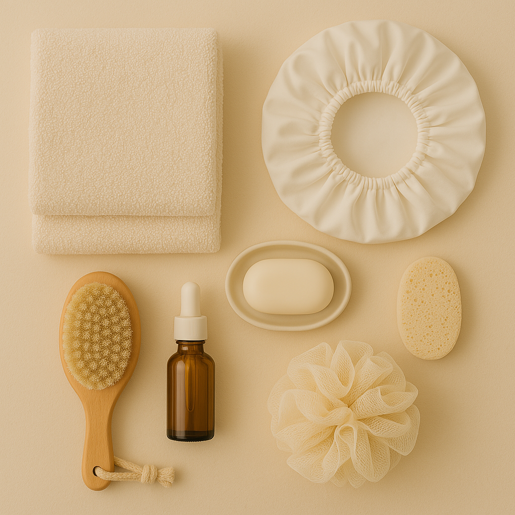Flat lay of bath essentials on a beige background, including folded towels, shower cap, bar soap in a dish, bath sponge, wooden brush, amber dropper bottle, and a bath pouf