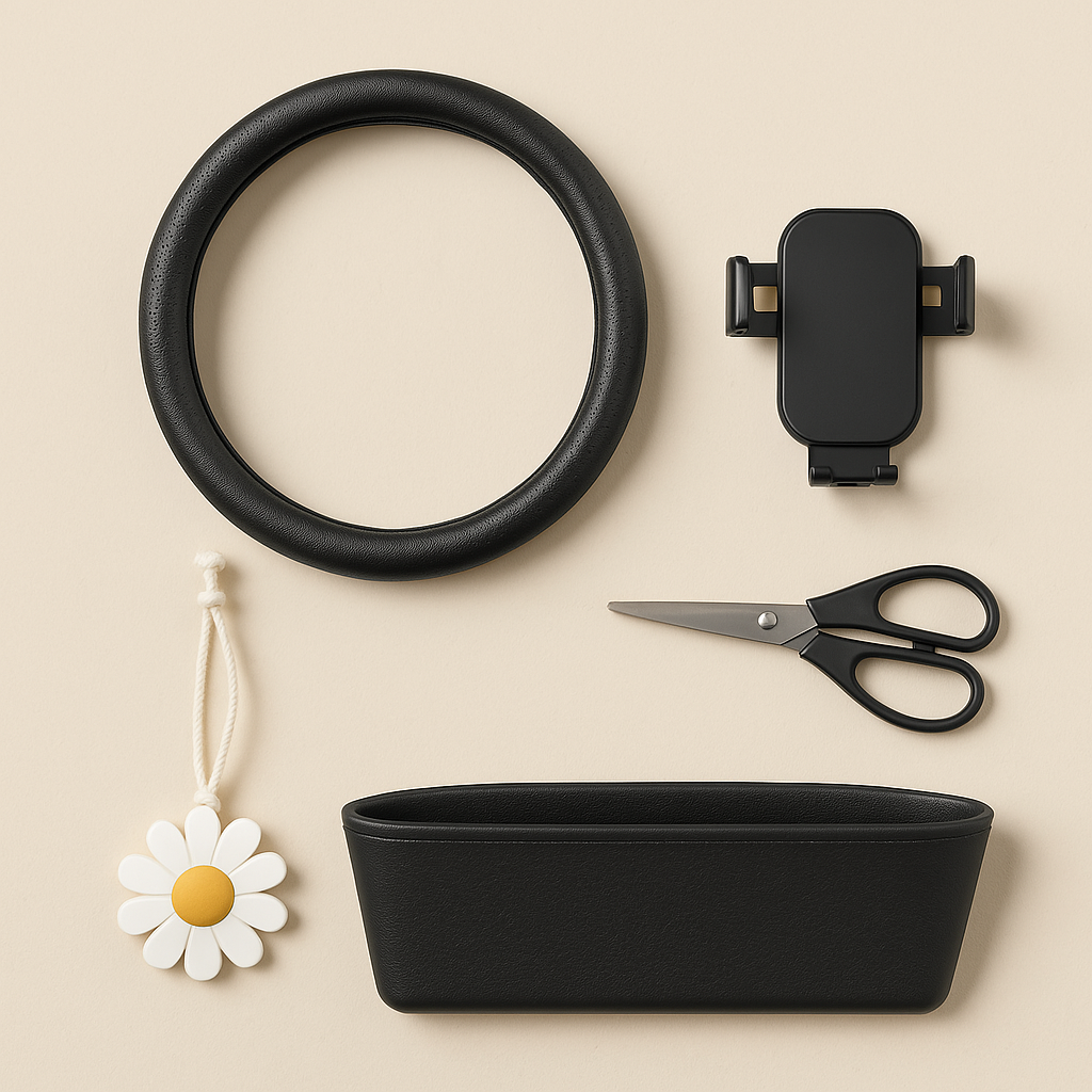 Black steering wheel cover, car phone holder, seat gap filler, daisy air freshener, and scissors on a beige background.