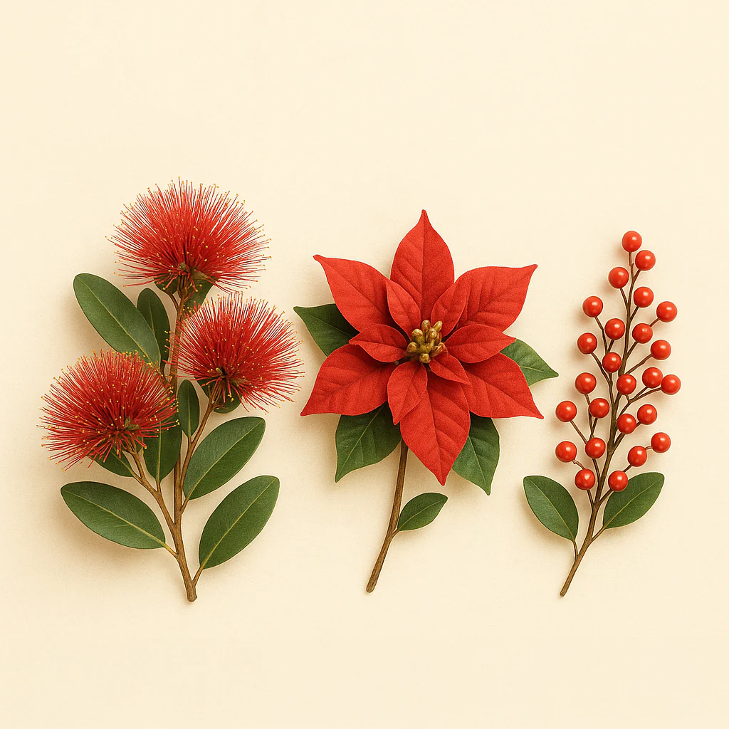 Centered arrangement of Pohutukawa flowers, poinsettia, and red berries on a cream background.