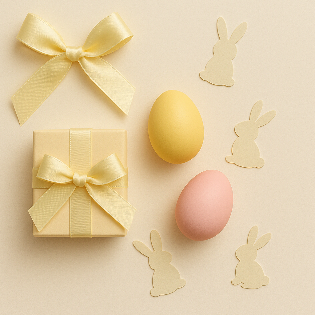 A photograph presents Easter-themed items arranged on a soft cream background, including a yellow gift box with a matching satin ribbon, pastel-colored eggs, and light bunny-shaped cutouts scattered playfully