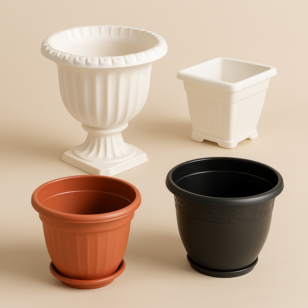 Four plastic garden flower pots in white, black, terracotta, and beige on a beige background.