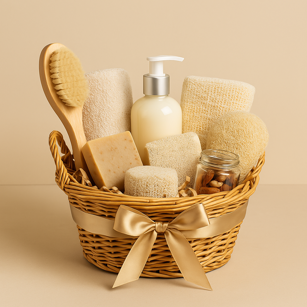 Wicker gift basket filled with spa items including a body brush, lotion pump, loofahs, towel, handmade soap, and a jar of nuts, arranged on a warm beige background with a satin ribbon accent.