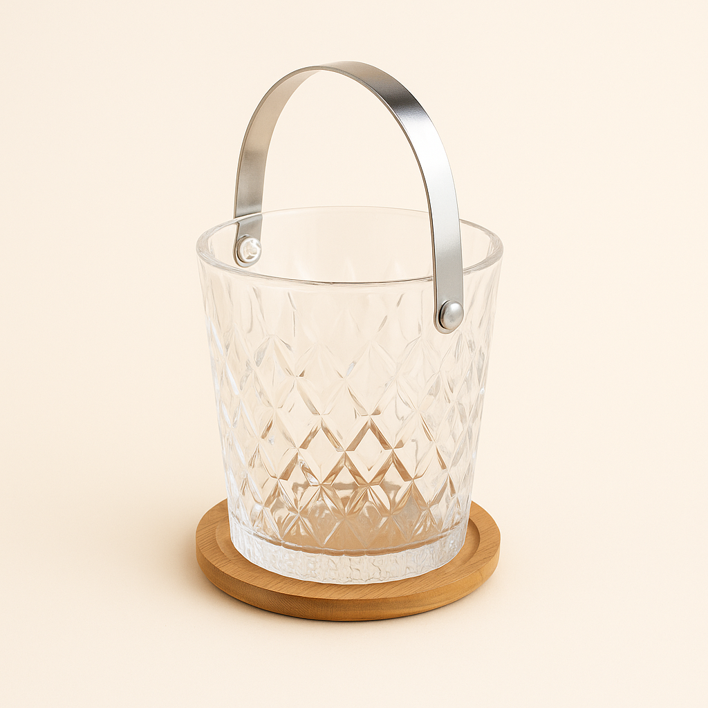Crystal glass ice bucket with silver handle on wooden coaster, photographed on a creamy beige background