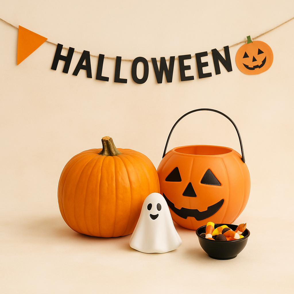 A Halloween scene with a real pumpkin, a jack-o'-lantern bucket, a small smiling ghost figure, a bowl of candy corn, and a "HALLOWEEN" banner, all set against a soft cream background.