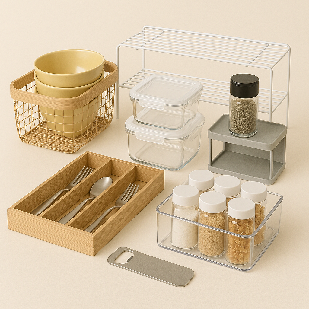 A neatly arranged set of kitchen organization items on a creamy background, including a bamboo cutlery tray, stackable glass containers, spice jars in a clear bin, a metal shelf rack, a soap dispenser, and a wire basket holding yellow bowls