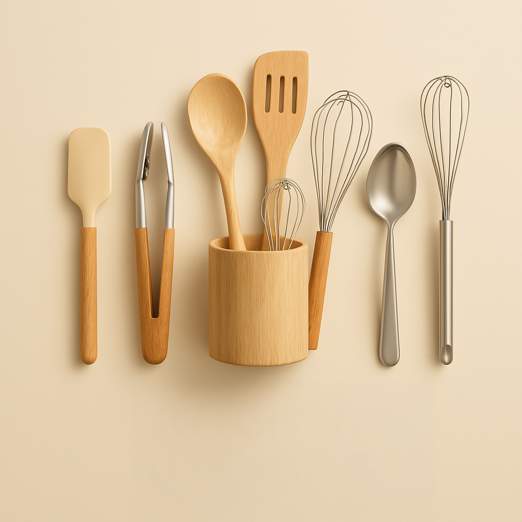 Creamy background with neatly arranged kitchen utensils including spatulas, tongs, wooden spoons, whisks, and a ladle, with 'KITCHEN UTENSILS' text at the bottom