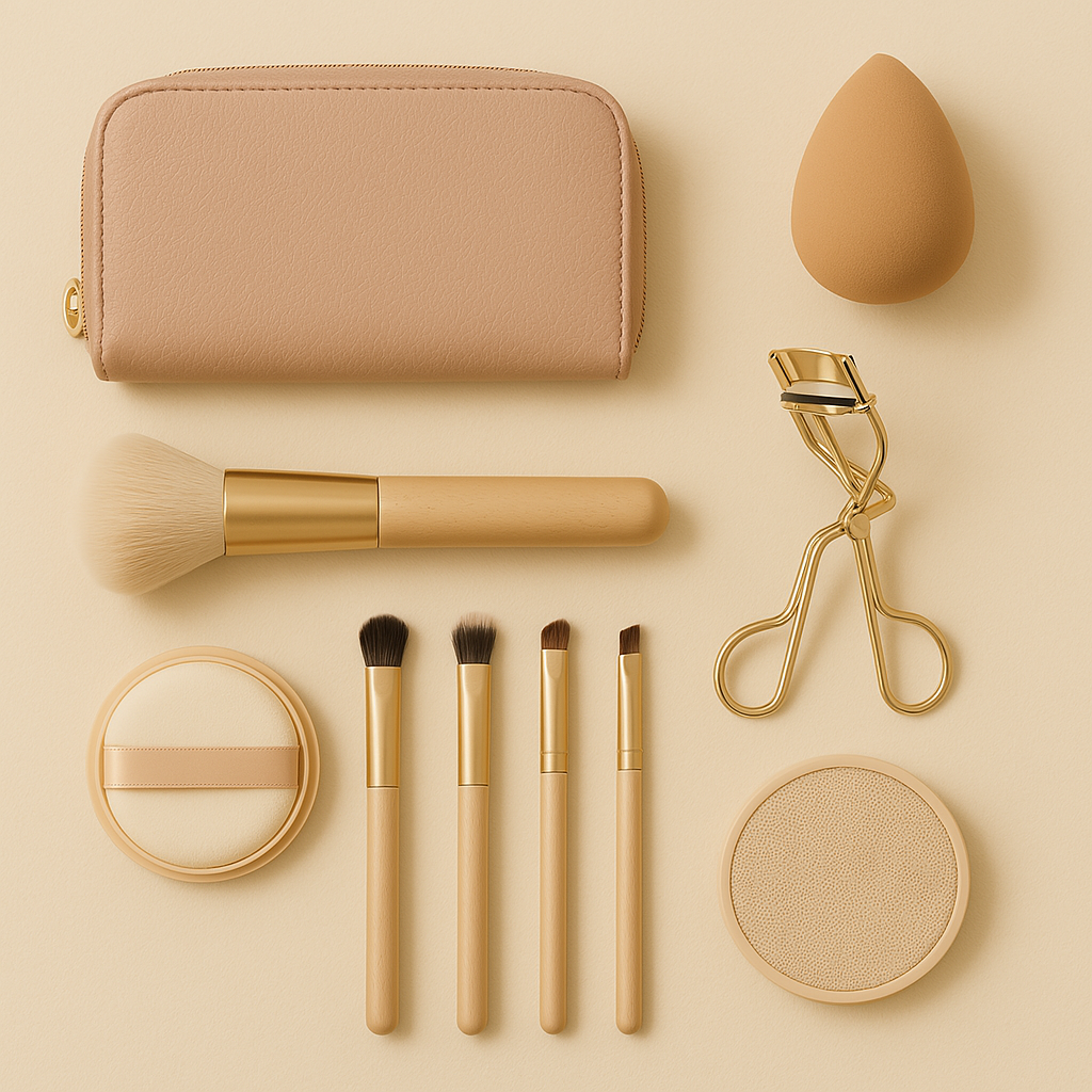 Flat lay of makeup accessories on a creamy background, including brushes, a sponge, eyelash curler, compact, and a blush-colored cosmetic pouch