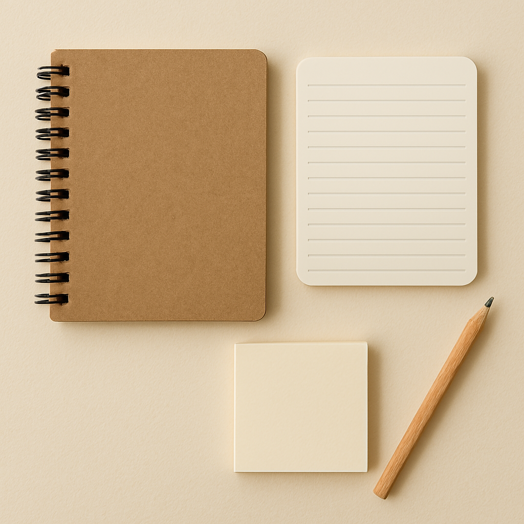 Notebook, lined notepad, sticky notes, and pencil on a beige background.