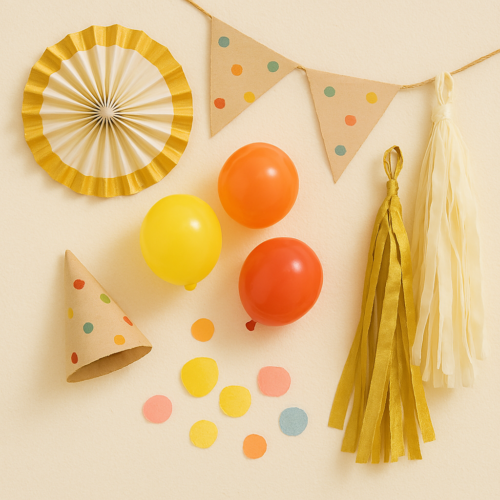 Colorful party decorations including balloons, paper tassels, bunting flags, a party hat, and confetti on a creamy background.