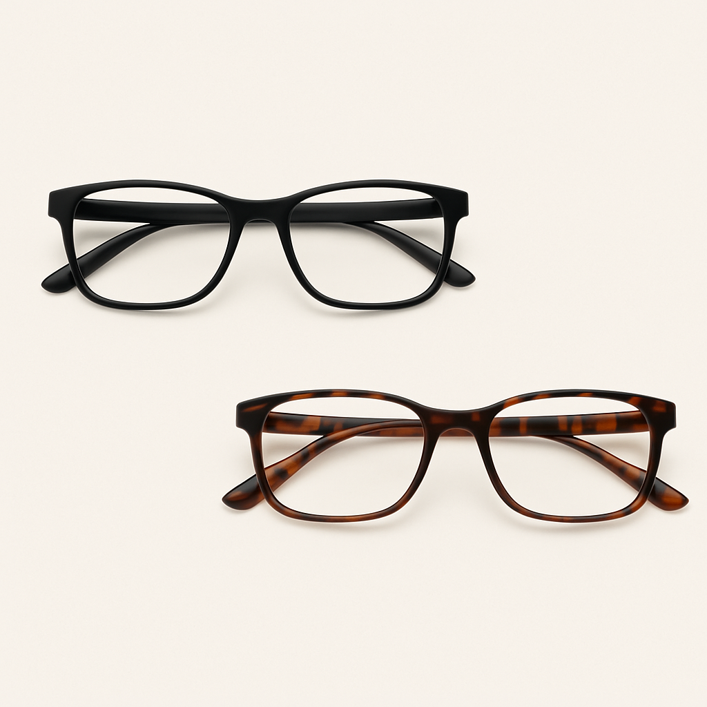 Two pairs of reading glasses on a creamy beige background – one with black frames, the other with tortoiseshell frames