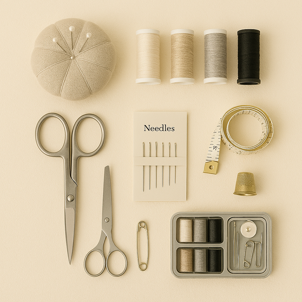 A flat lay of sewing essentials on a creamy background, including a pin cushion, thread spools, scissors, needles, measuring tape, thimble, safety pin, and a compact sewing kit.