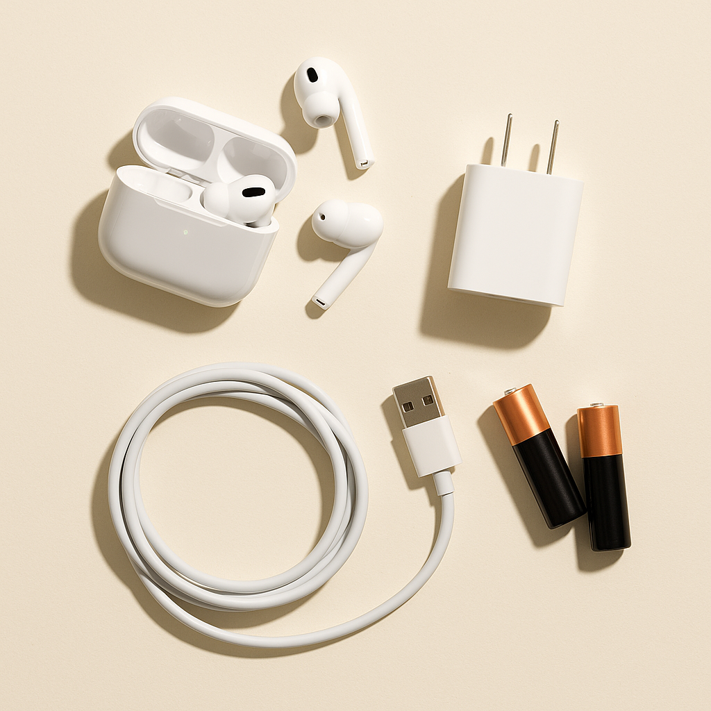 A digital photograph displays electronic accessories arranged on a cream background, including wireless earbuds with a charging case, a USB wall charger, a coiled USB-C cable, and two AA batteries with copper tops.