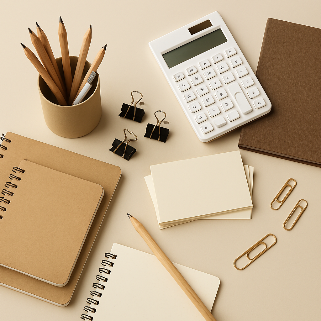 Stationery and office supplies on a beige background