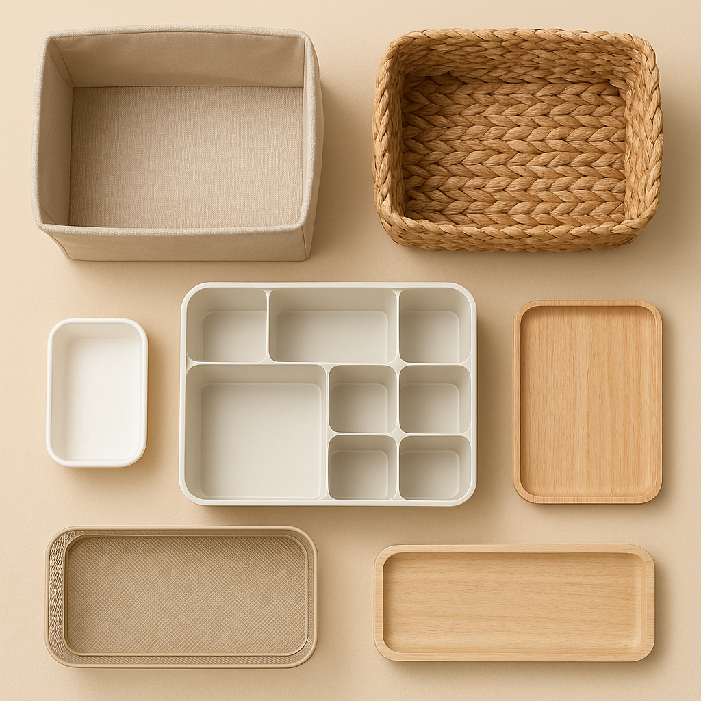 Flat lay of storage and organization items on a beige background, including a fabric bin, woven basket, plastic compartment tray, wire mesh tray, and wooden trays in various shapes