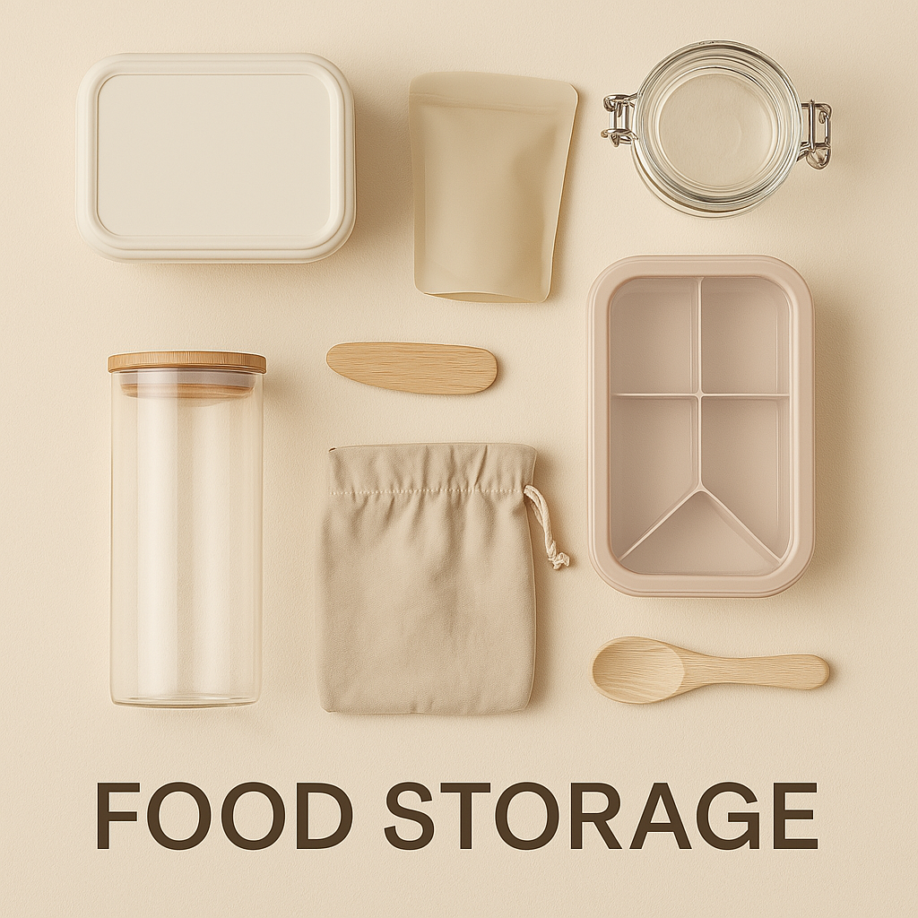 Flat lay of food storage containers on a beige background, including silicone pouches, glass jars, a sectioned lunch box, fabric bag, and a wooden spoon, with 'FOOD STORAGE' text at the bottom