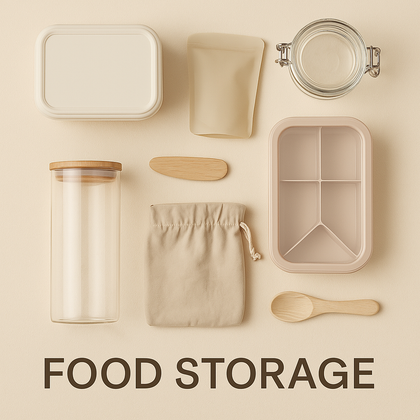 Flat lay of food storage containers on a beige background, including silicone pouches, glass jars, a sectioned lunch box, fabric bag, and a wooden spoon, with 'FOOD STORAGE' text at the bottom
