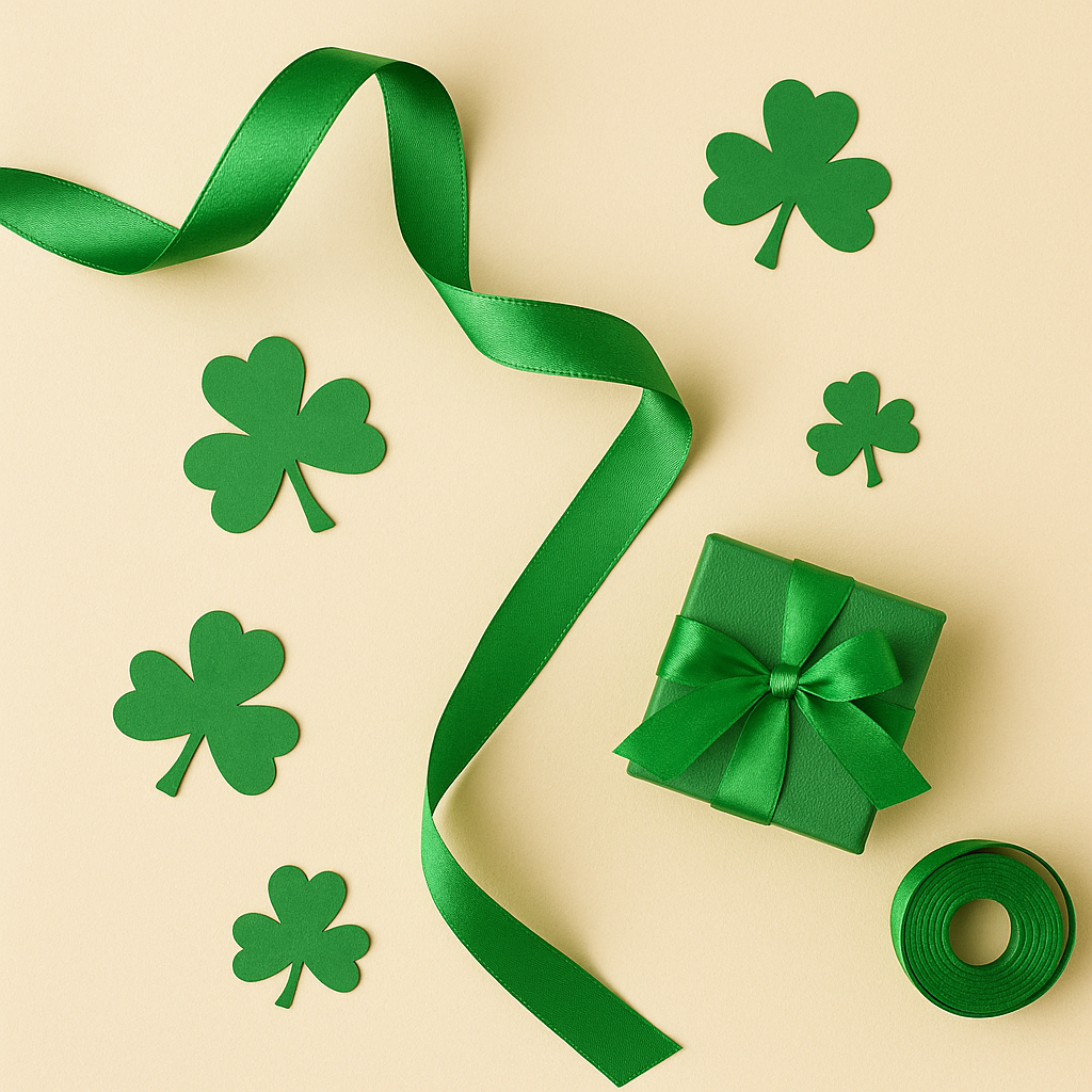 A photograph features St. Patrick's Day-themed items arranged on a cream background, including a green satin ribbon, a small gift box with a matching bow, and several green shamrock cutouts scattered playfully around the scene.