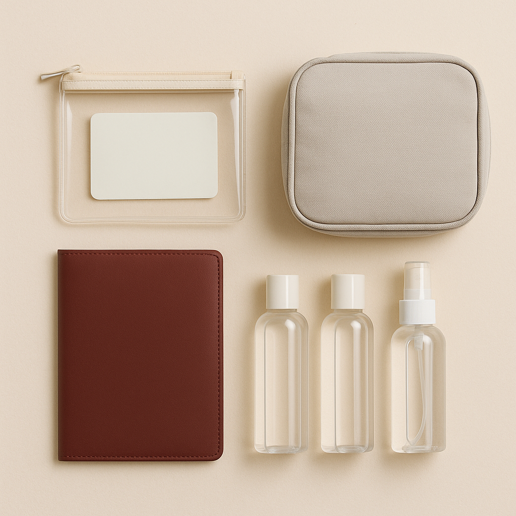 A cream-toned square image displaying travel essentials including a transparent zippered pouch, a beige packing cube, a maroon passport holder, and three clear travel bottles, arranged neatly on a soft background.