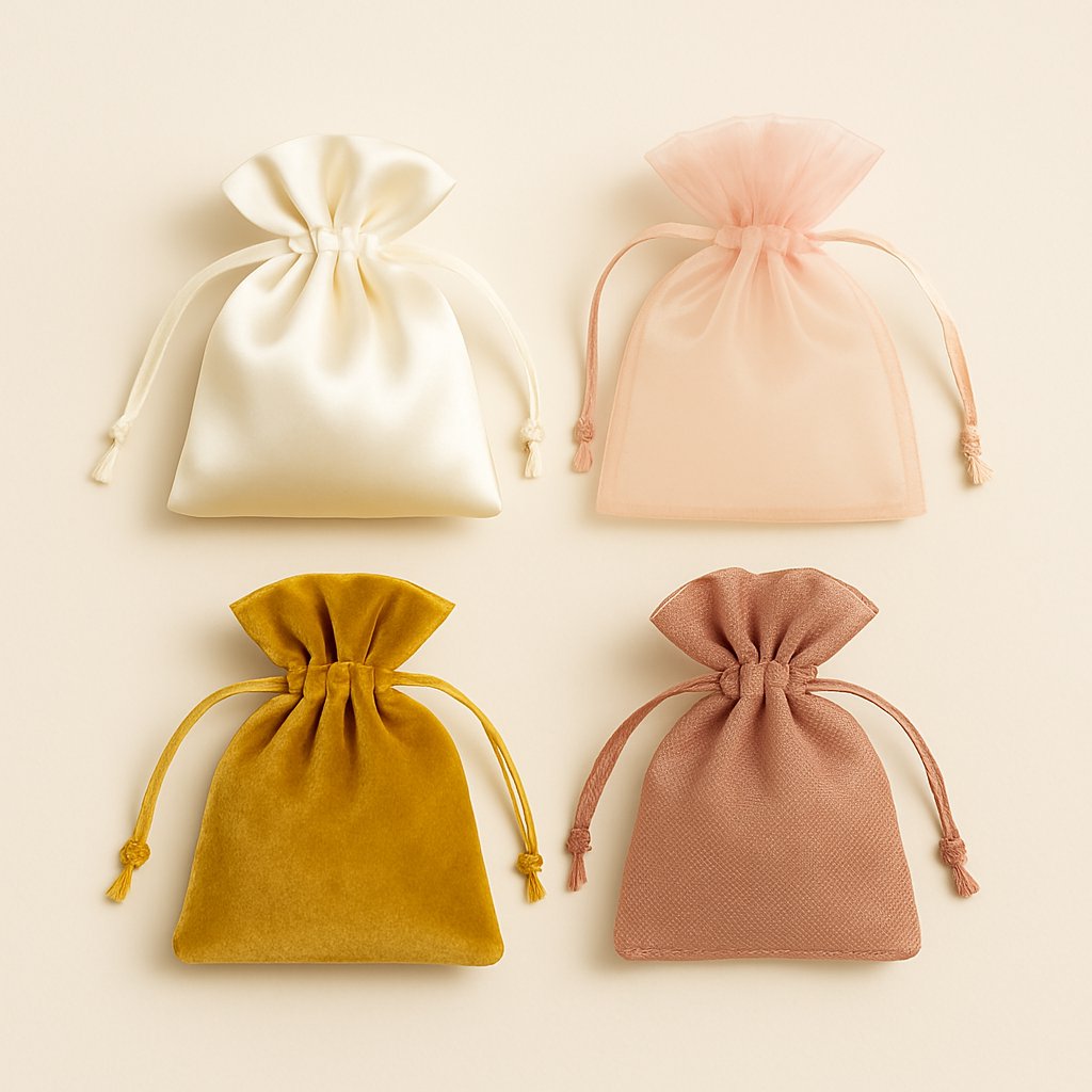 Set of four drawstring gift pouches made of satin, organza, velvet, and fabric, displayed on a soft cream background – ideal for jewelry packaging, wedding favors, and gift wrapping.