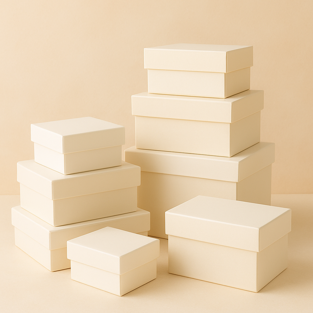Stacked white rectangular gift boxes in various sizes on a soft cream background
