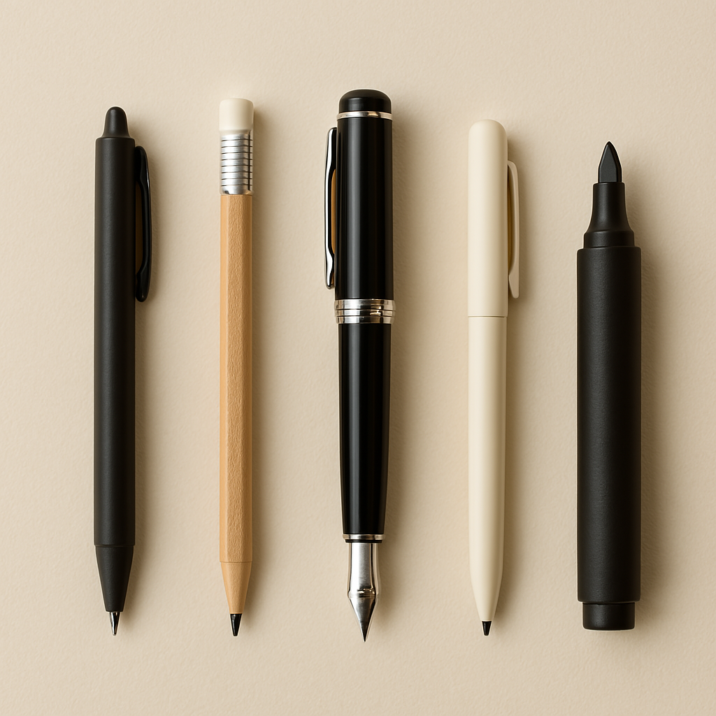 Assorted writing instruments on a beige background