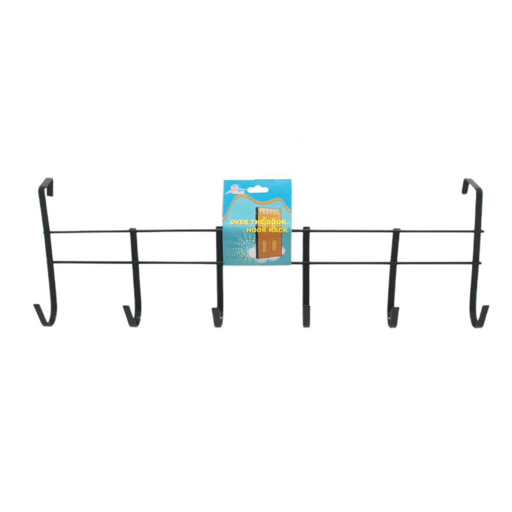 Over Door Hook Rack with multiple hooks for hanging coats and accessories.
