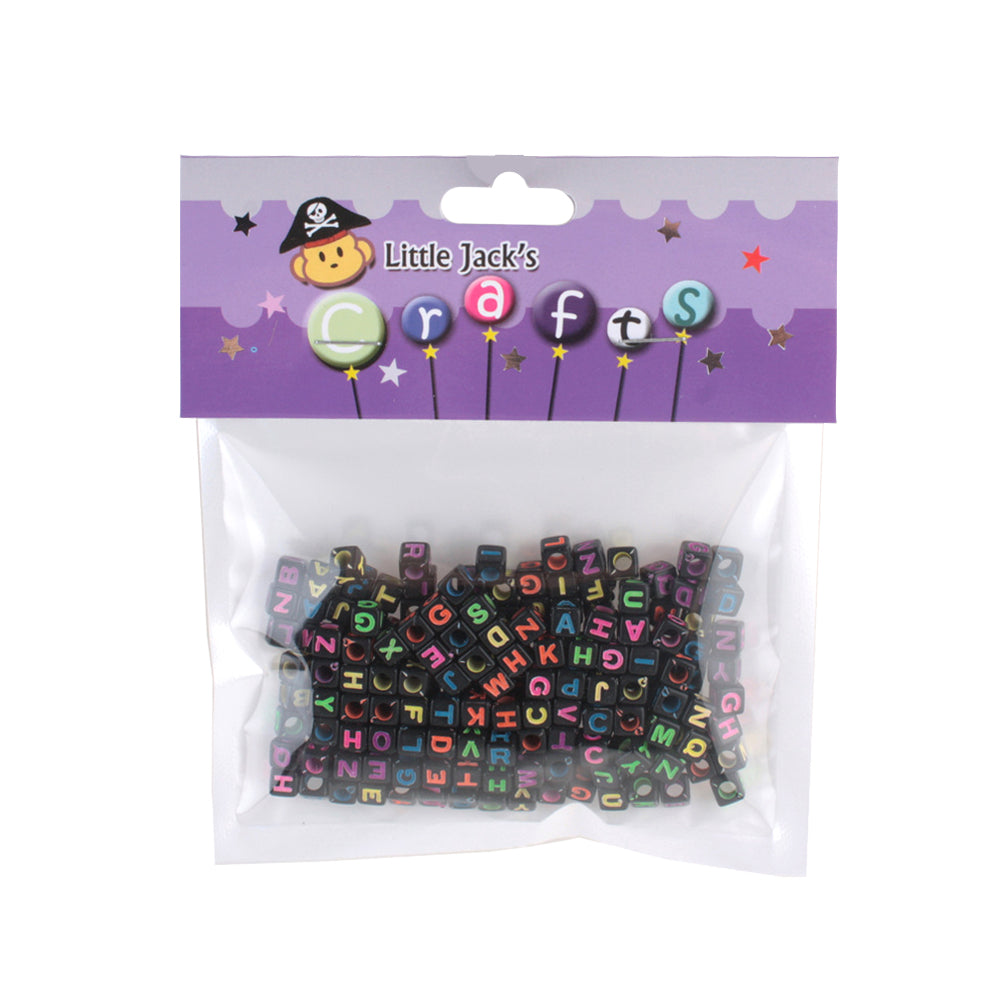 Alphabet Beads β Black Cube Letter Beads 6Γ6Γ6mm (Approx. 25g) in clear packaging for personalized crafts.