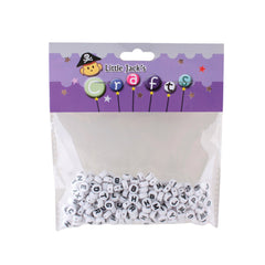 ⚪ Alphabet Beads – White Round Letter Beads 7×4mm (Approx. 25g) in packaging for crafts and DIY projects.