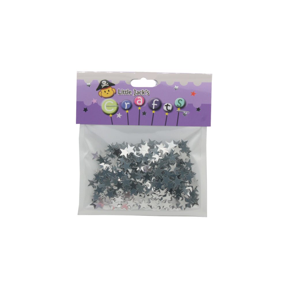 Confetti Star(Silver/10MM) packed in a clear bag for craft projects and decorations.