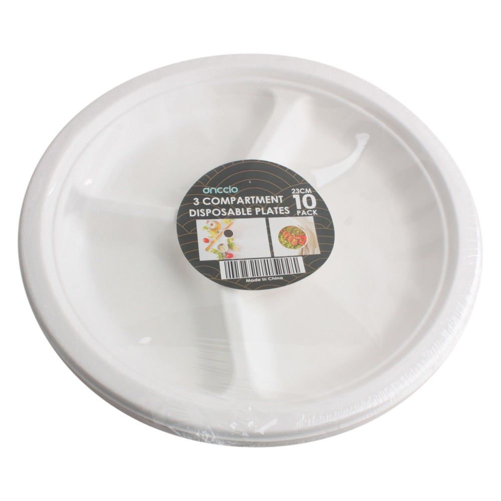 Disposable Section Dv Plate(10PCS,23CM) round white 3 compartment plates for convenient serving.