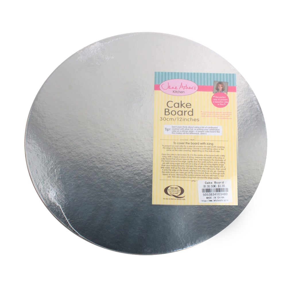 Cake Board(R:30.5CM) round silver cake board with packaging and dimensions displayed.