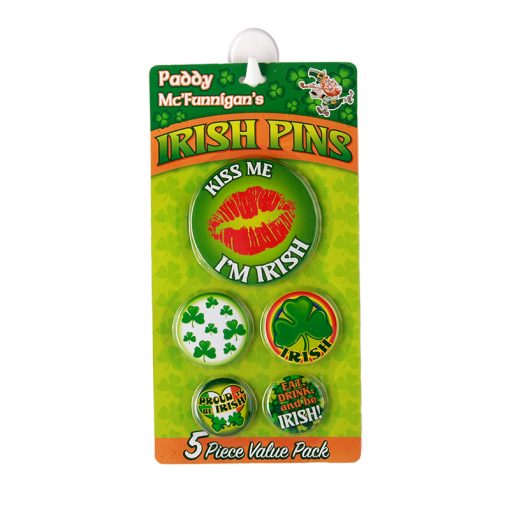 St Paddys Badge featuring a colorful 5 piece set of Irish themed pins with messages and symbols.