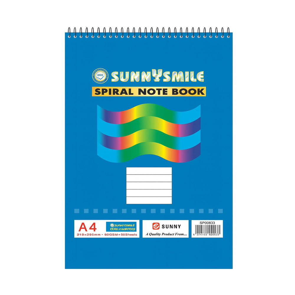 Spiral Note Pad(A4) featuring a blue cover, sturdy spiral binding, and colorful wave design for efficient note-taking.