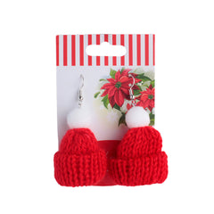 X-mas Earrings Hat featuring cute red knitted hats with white pom-poms, perfect for festive holiday attire.