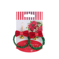X-mas Earrings Ribbon featuring festive red bows and green tinsel, perfect for holiday celebrations.