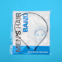 Packaged men's hair band with clear plastic cover on blue background