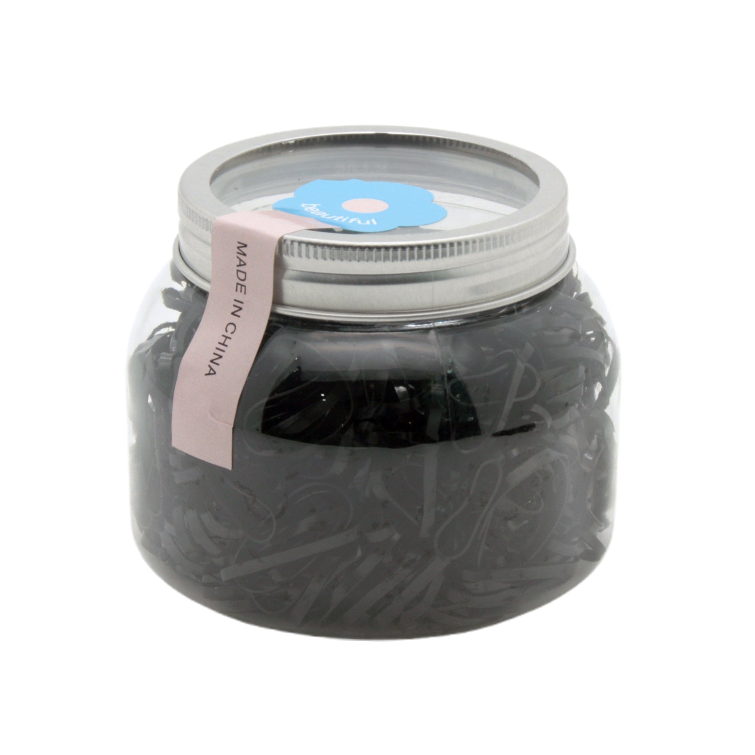 Hair Tie RB Black(500PCS) in reusable jar, containing 500 mini black rubber hair ties for sleek and tidy hairstyles.
