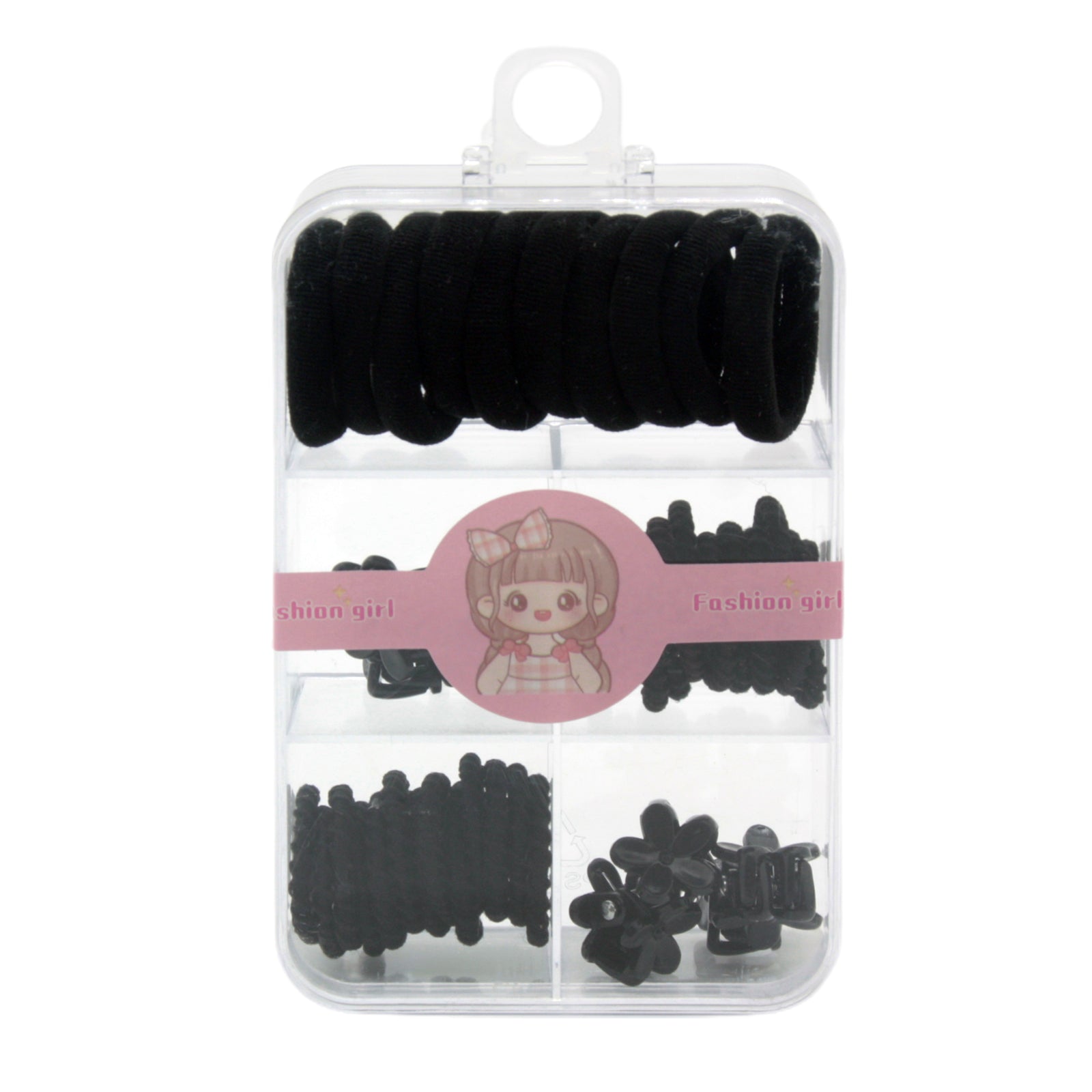 Black Hair Accessories Gift Set – Hairbands & Clips in Clear Organizer Box containing elastic bands and claw clips.
