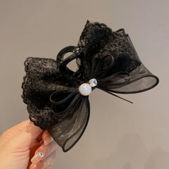 Lace Bow Hair Clip – Assorted with Jewel or Pearl Accent featuring a black lace design with pearl and jewel accents.