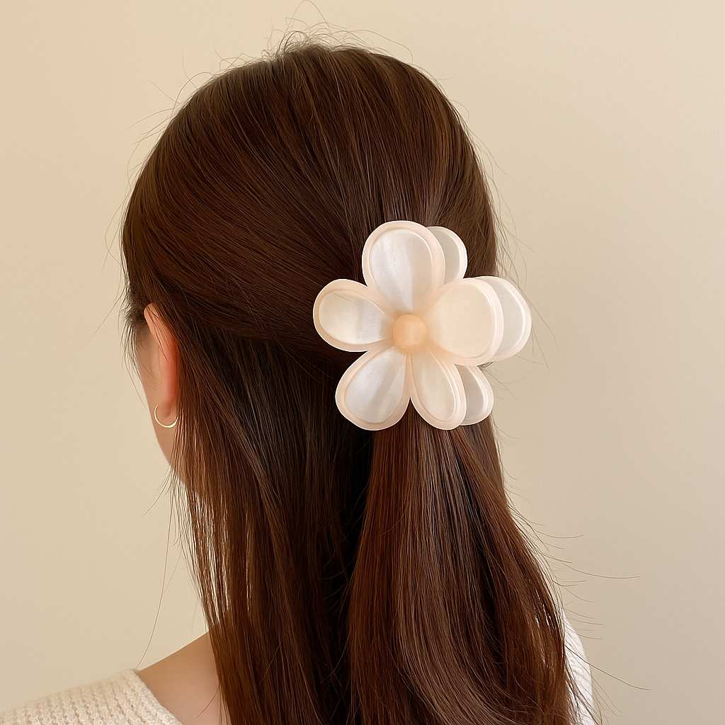 Pastel Flower Hair Clip – Translucent Daisy Design worn in hair with a delicate translucent daisy shape.