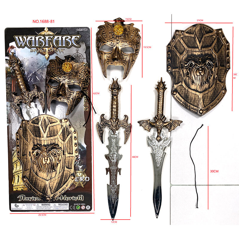 Warfare Sword Set featuring swords, a shield, and a detailed mask for collectors and cosplay enthusiasts.