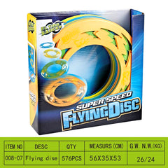 Super Speed Flying Disc packaging featuring colorful discs and product information.