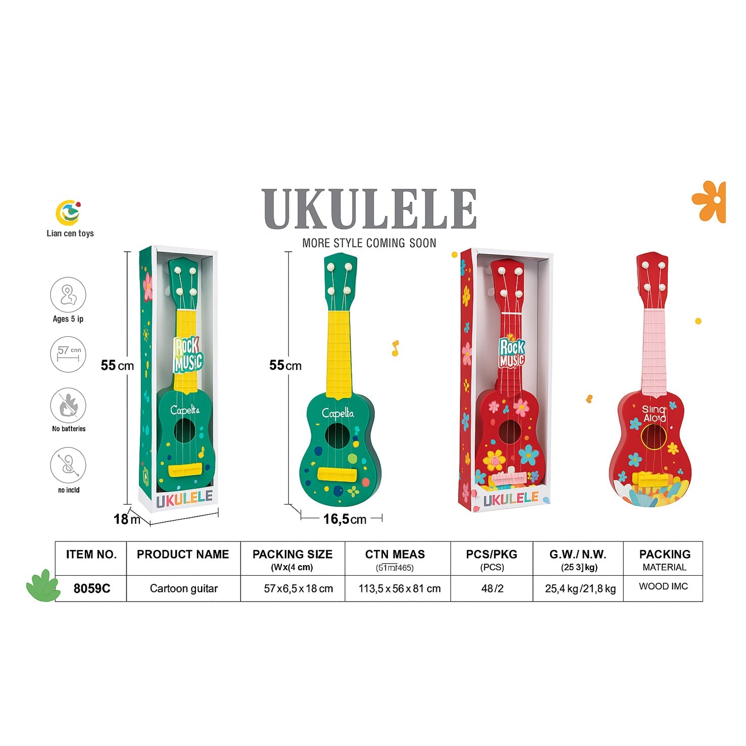 🎸 Toy Guitar for Kids – Ages 3+ | 21" Mini Acoustic Style displayed in colorful packaging with sizes and features.