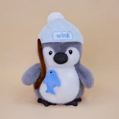 Artist Penguin Plush(30CM) wearing a hat, holding a fishing rod with a blue fish, cute and soft plush toy.
